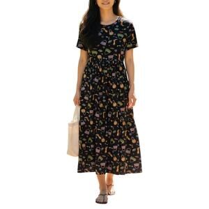 Vintage Y2K Coldwater Creek Black A-Line Dress Whimsical Print Sz Small Rayon